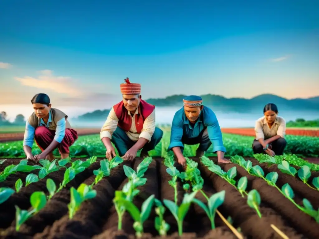 Indígenas plantando diversidad de cultivos bajo cielo azul, mostrando resistencia indígena y soberanía alimentaria