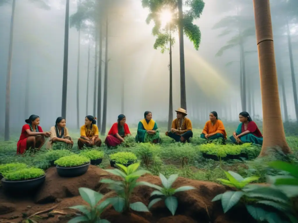 Indígenas en reforestación como forma de resistencia, visten trajes tradicionales, plantan árboles en bosque exuberante