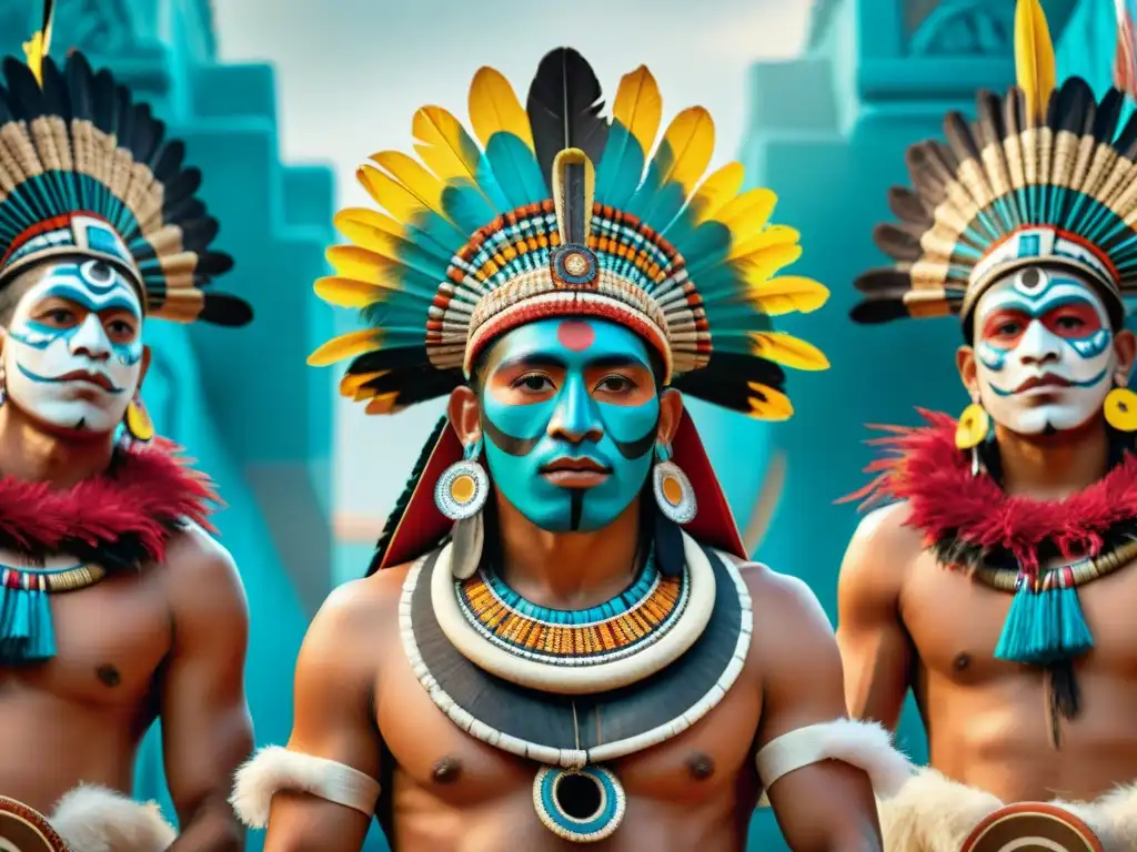 Aerófonos indígenas en Mesoamérica: Grupo de músicos aztecas tocando instrumentos tradicionales en un animado templo
