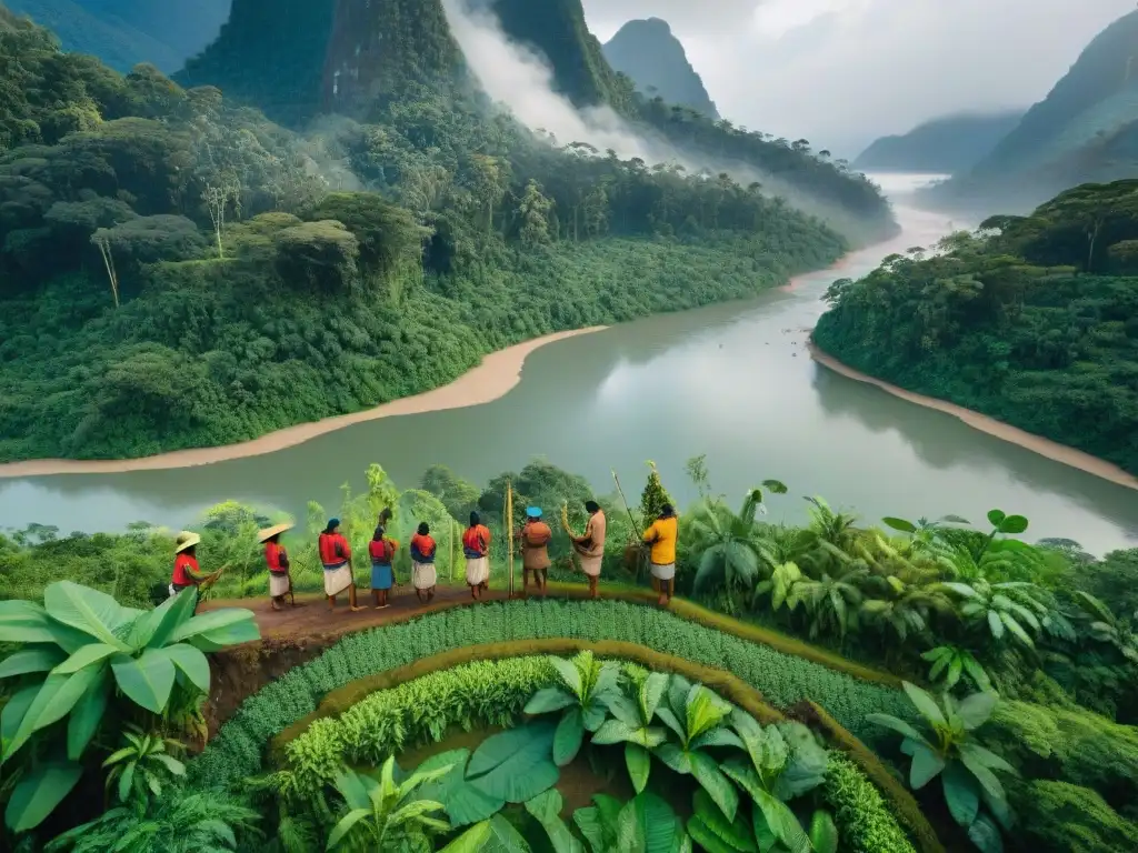 Indígenas recolectando plantas en la selva, reflejando la sabiduría ancestral