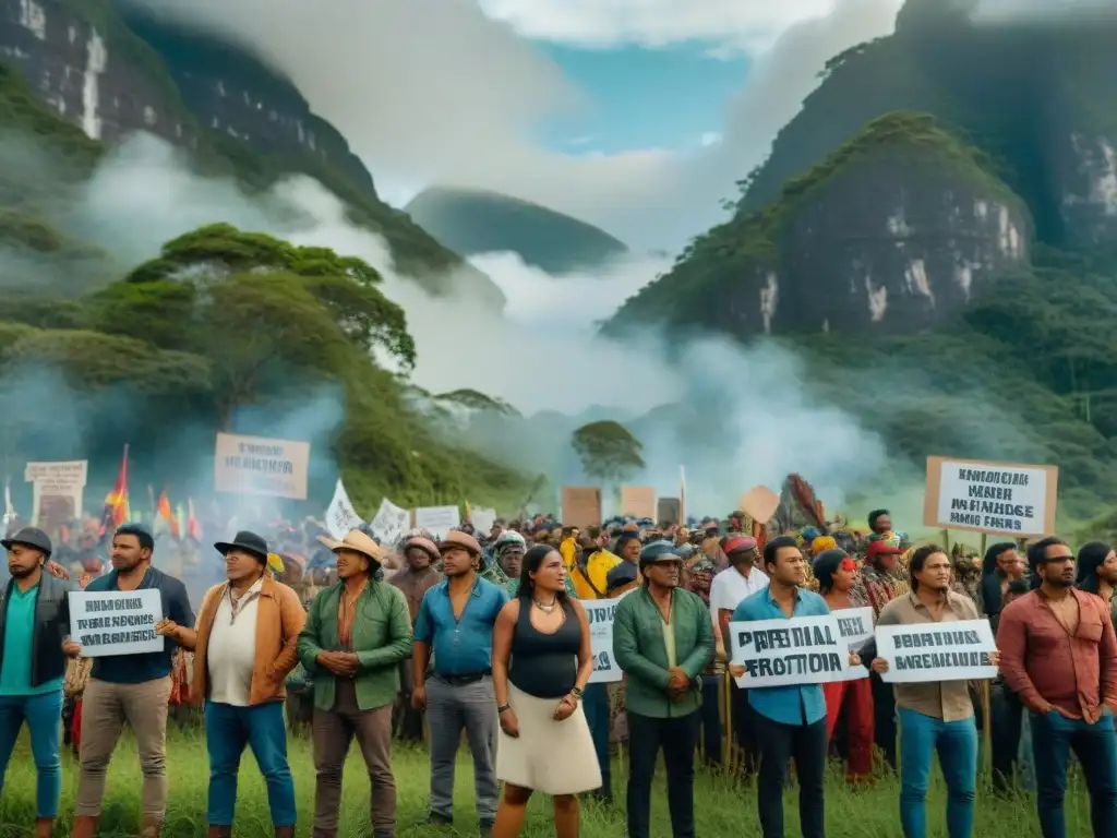 Manifestación de indígenas por recursos naturales, rodeados de naturaleza exuberante y fauna vibrante