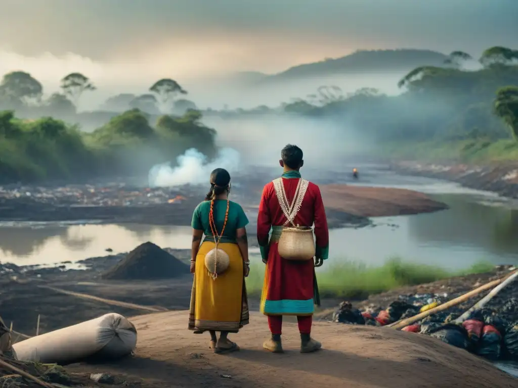 Indígenas ante río contaminado en su tierra, expresando determinación y preocupación