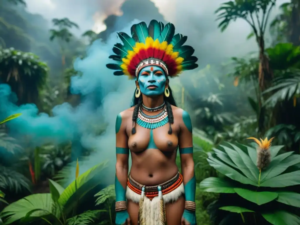 Shamans indígenas realizan ritual en la selva amazónica, destacando la conexión con la naturaleza