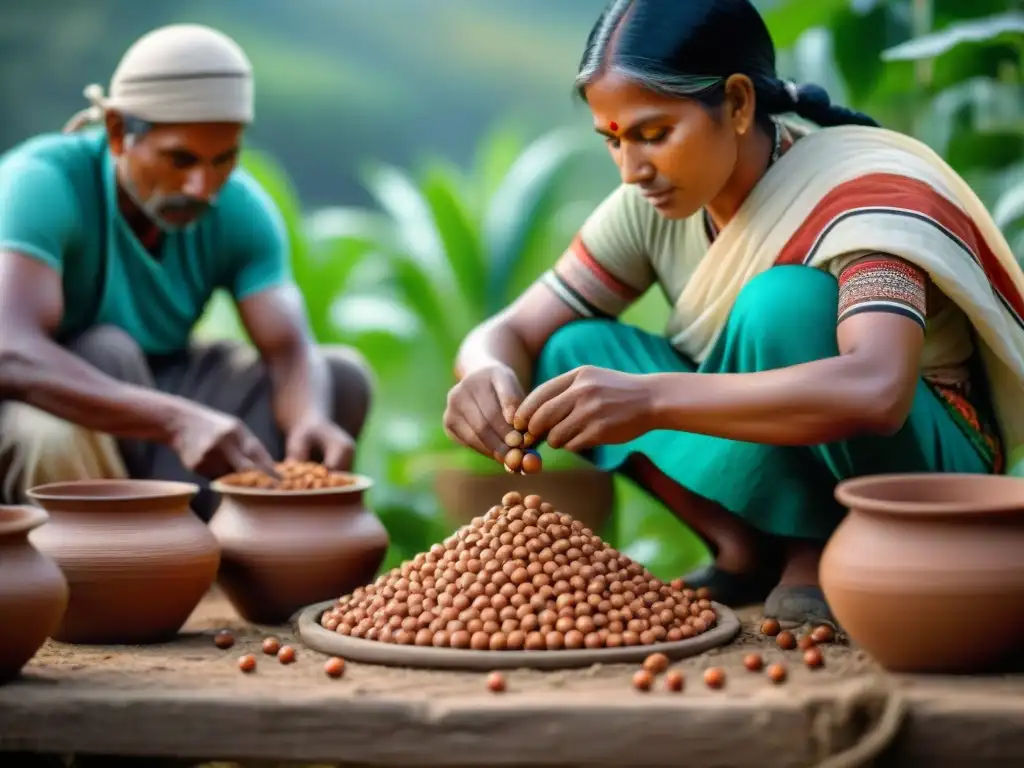 Indígenas preservando semillas en prácticas agrícolas sostenibles en paisaje biodiverso