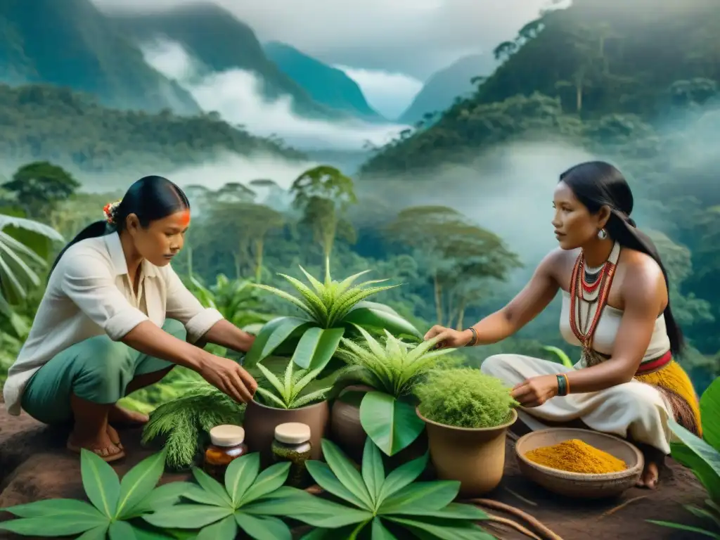 Indígenas seleccionando y preparando suplementos naturales en la selva con técnicas de conservación ancestrales