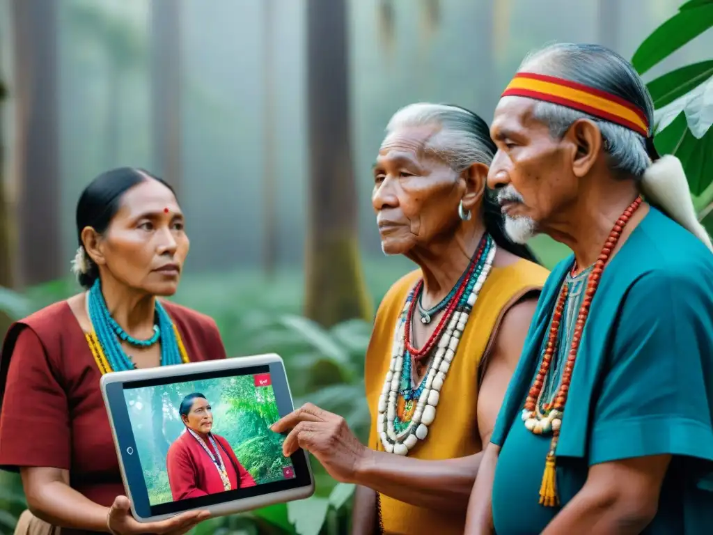 Indígenas conectando con tecnología para preservar tradiciones ancestrales en video llamada