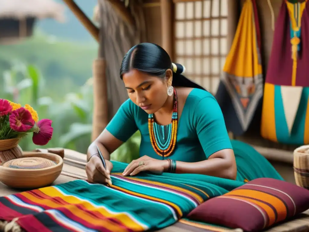 Indígenas creando textiles coloridos en mercado, rodeados de naturaleza