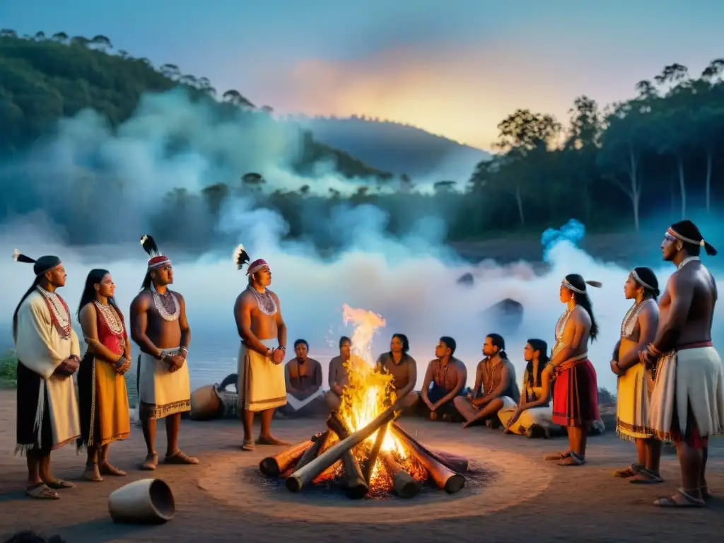 Ceremonia ancestral alrededor del fuego: unidad y tradición indígena Indígenas unidos alrededor de la fogata, compartiendo tradiciones y lenguas en una emotiva ceremonia nocturna en la selva