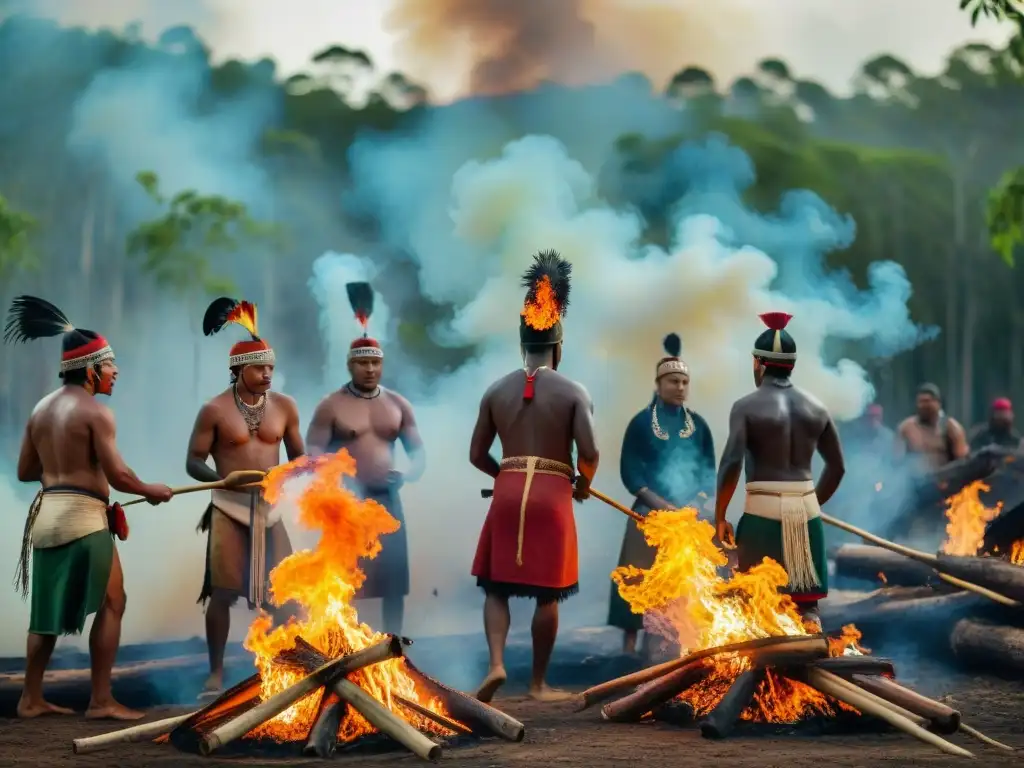 Indígenas realizando un uso tradicional del fuego en bosque exuberante, con vestimenta ritual y danza de llamas