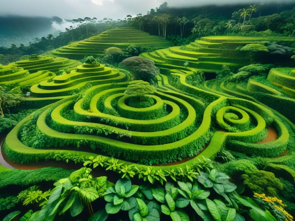 Jardines espiral indígenas: vista aérea de un jardín amazónico vibrante y mágico, simbolizando la conexión de la vida