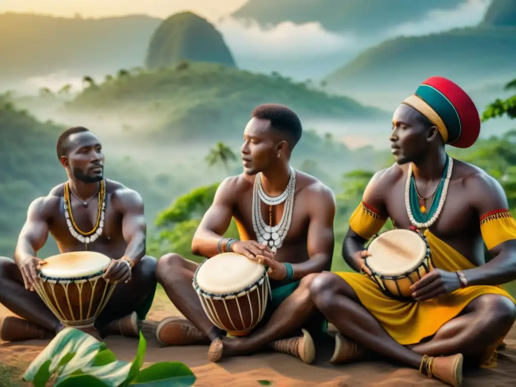 Influencia africana en música indígena: Grupo de músicos tocando instrumentos africanos en aldea remota