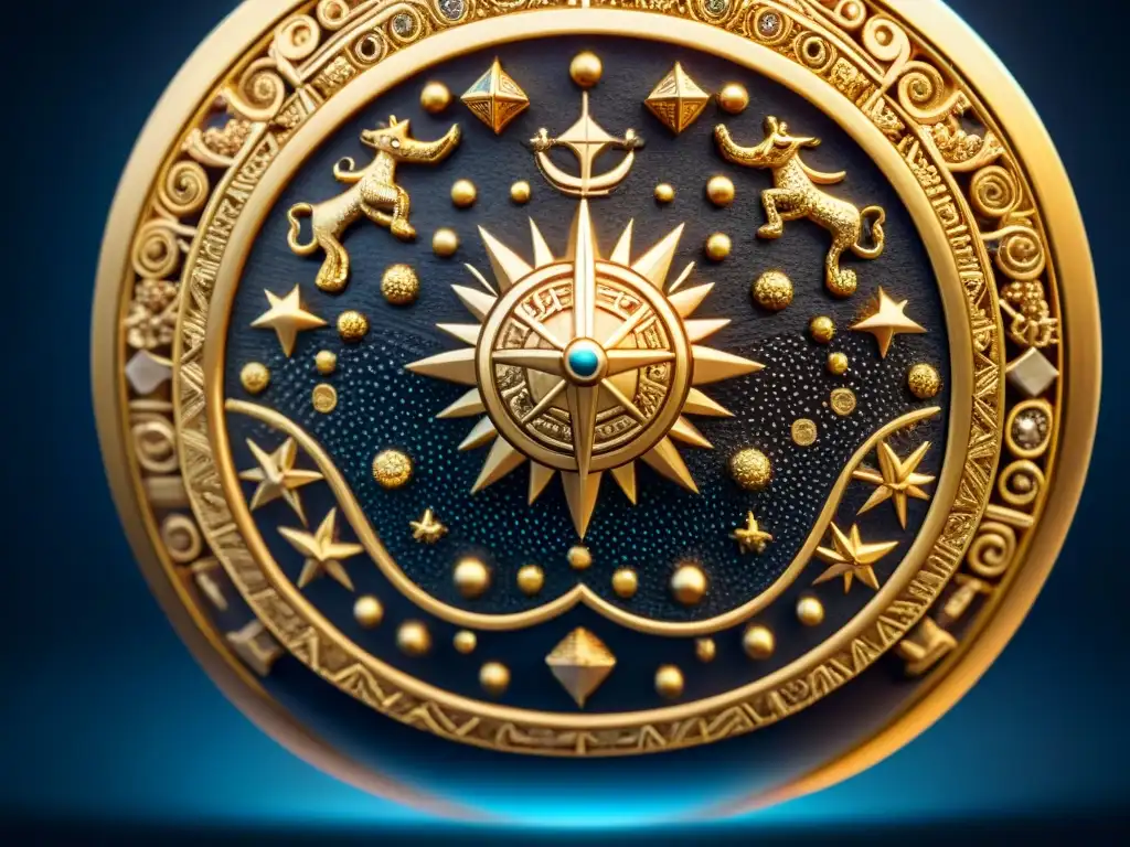 Reluciente arte precolombino: constelaciones y astros Influencia astronómica en arte precolombino: detallada pieza de oro con cuerpos celestes y constelaciones