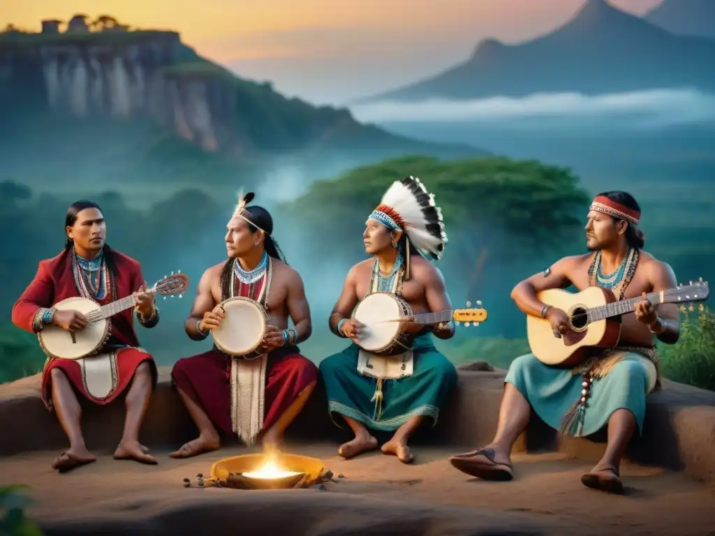 Concierto estelar: músicos indígenas del mundo en armonía ancestral Influencia indígena en la música: Grupo diverso de músicos indígenas tocando instrumentos tradicionales bajo un cielo estrellado