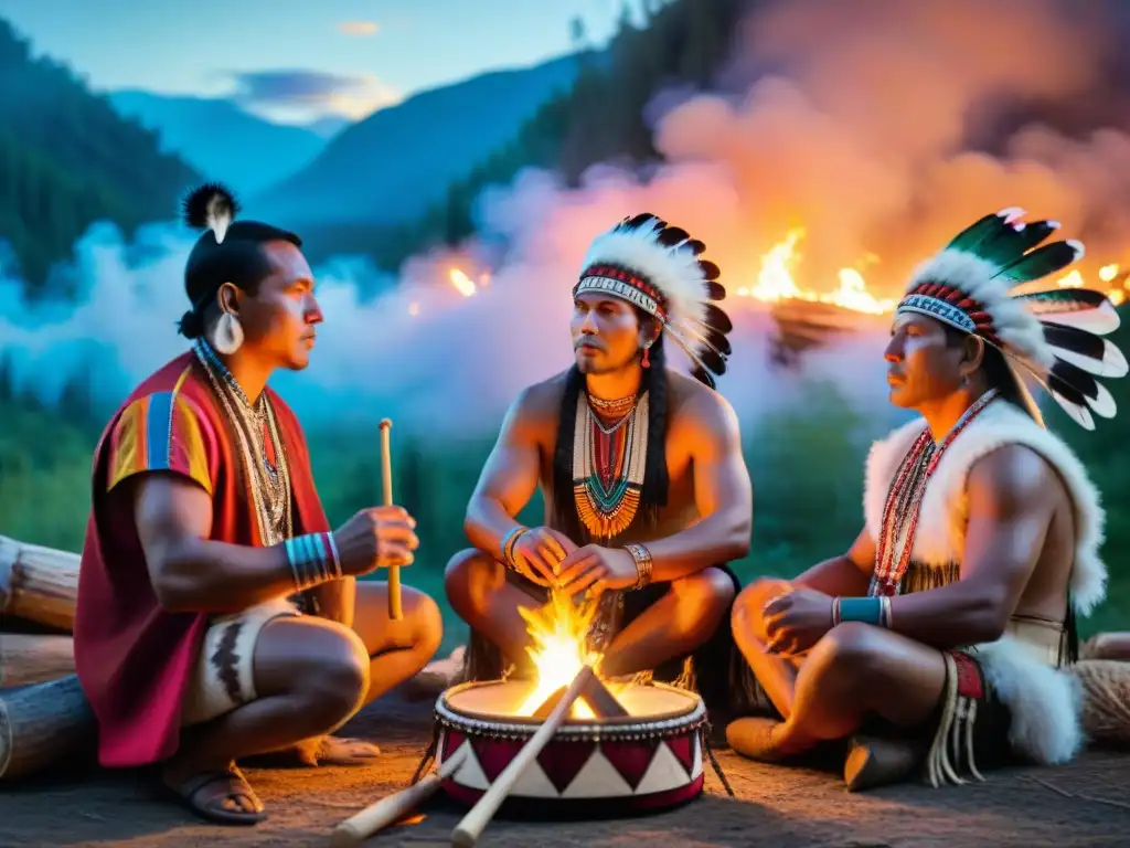 Concierto tribal alrededor de la fogata bajo las estrellas Influencia indígena en la música: Músicos tocan instrumentos tradicionales alrededor de una fogata bajo un cielo estrellado en la selva