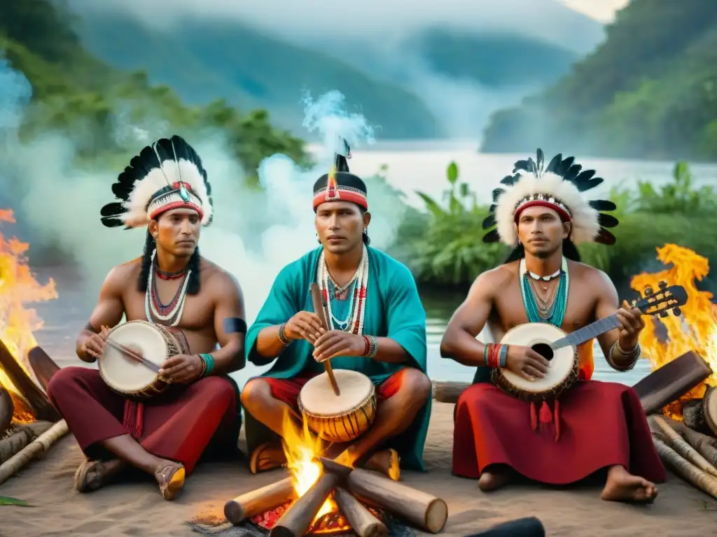 Concierto indígena alrededor del fuego sagrado Influencia indígena en la música: Grupo de músicos indígenas tocando instrumentos tradicionales alrededor de una fogata sagrada, rodeados de exuberante vegetación y colores vibrantes