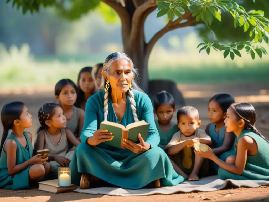 Influencia de la literatura oral en la cultura popular: Anciana indígena cuenta historias a niños bajo un árbol centenario