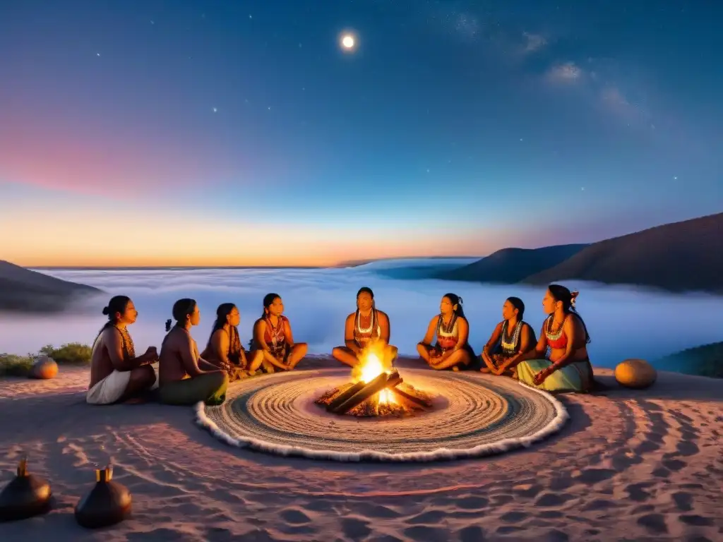 Influencia lunar en rituales indígenas: Ceremonia tradicional bajo la luna llena, danza alrededor del fuego con atuendos coloridos