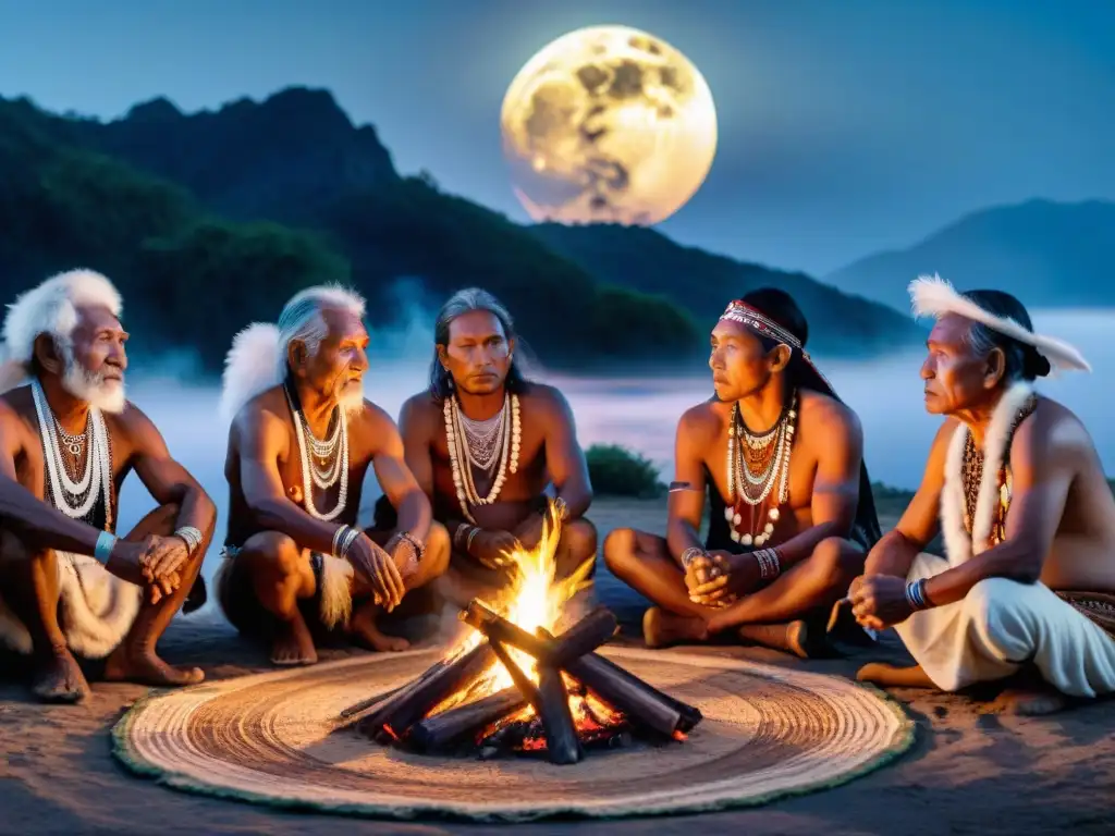 Influencia lunar en rituales indígenas: Ancianos reunidos alrededor del fuego, realizando un ritual bajo la luna