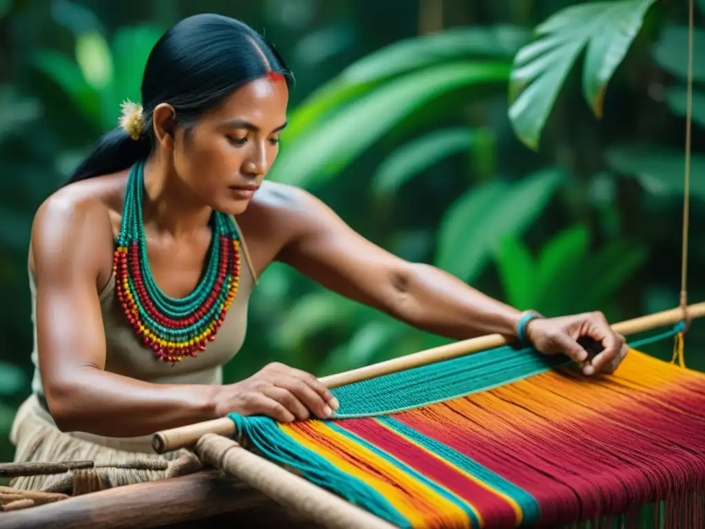 Influencia de textiles amazónicos en diseño contemporáneo: artesano tejiendo en selva exuberante