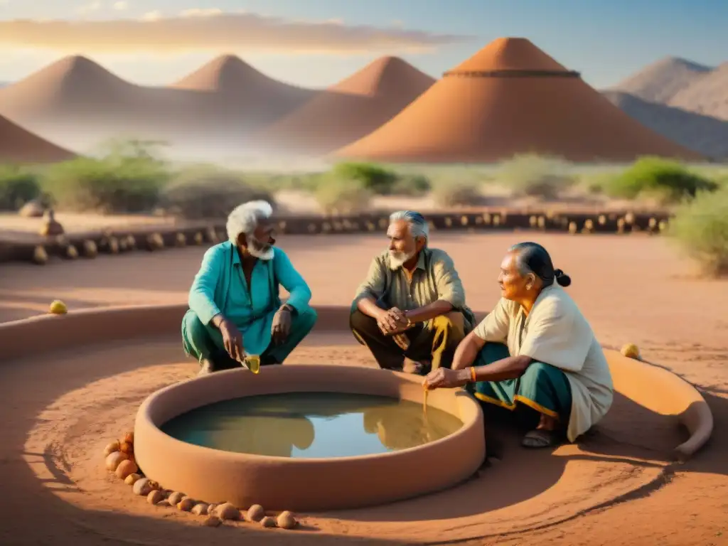 Innovaciones indígenas en gestión de recursos durante crisis de agua, ancianos en sistema tradicional de vasijas y canales, bajo el cálido atardecer