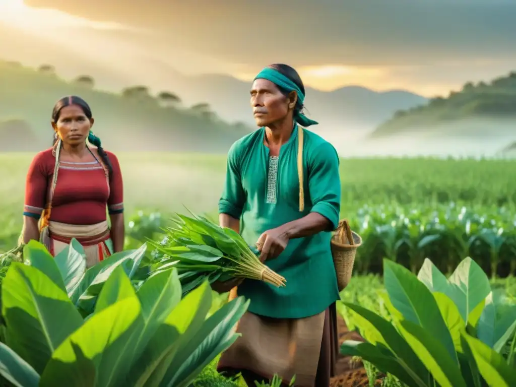 Innovaciones indígenas en agricultura y soberanía alimentaria: grupo de agricultores indígenas trabajando en campo verde