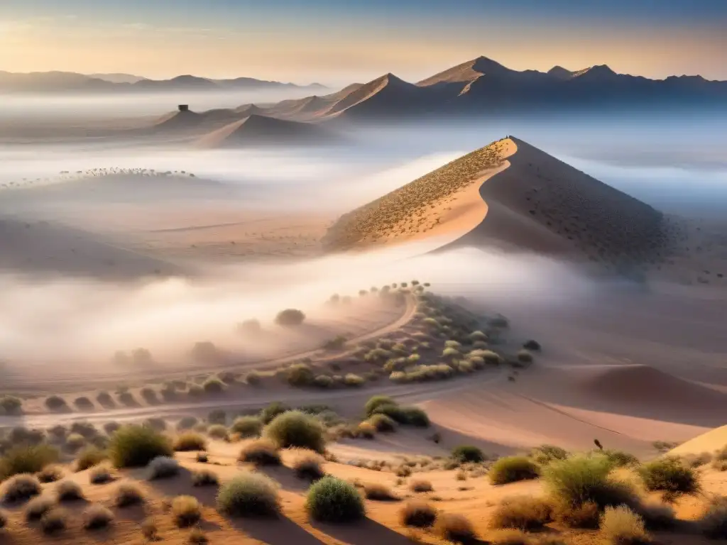 Innovadoras estructuras de captura de niebla en un paisaje desértico, con promesa de agua