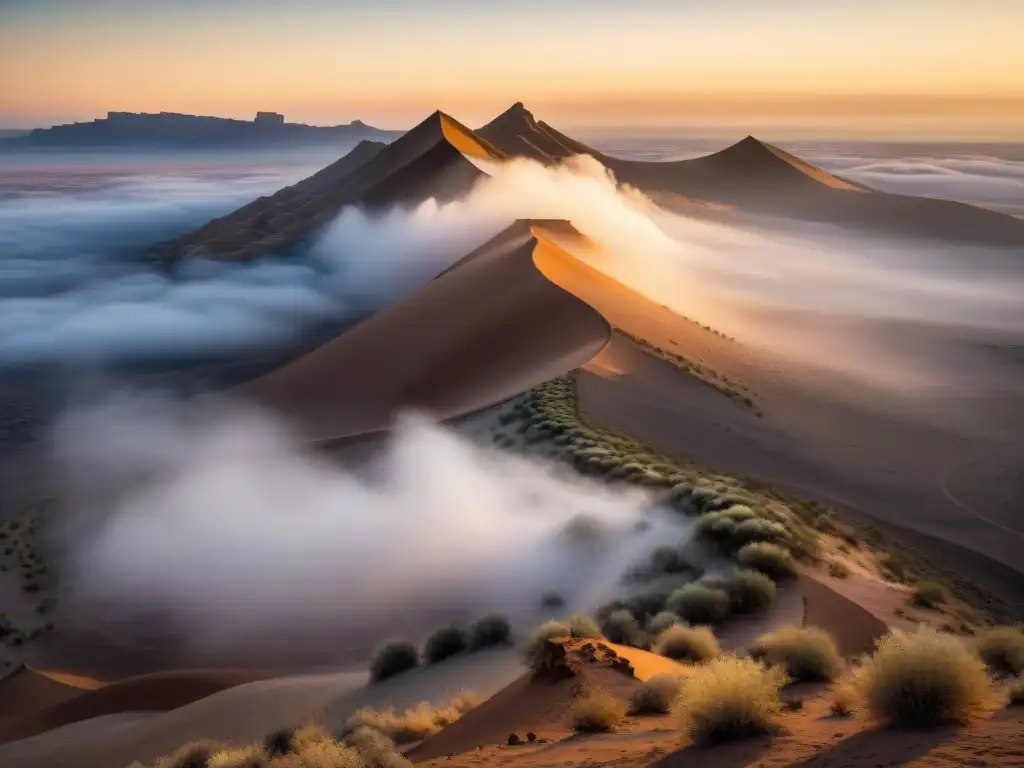 Innovadores capturadores de niebla en desierto al amanecer