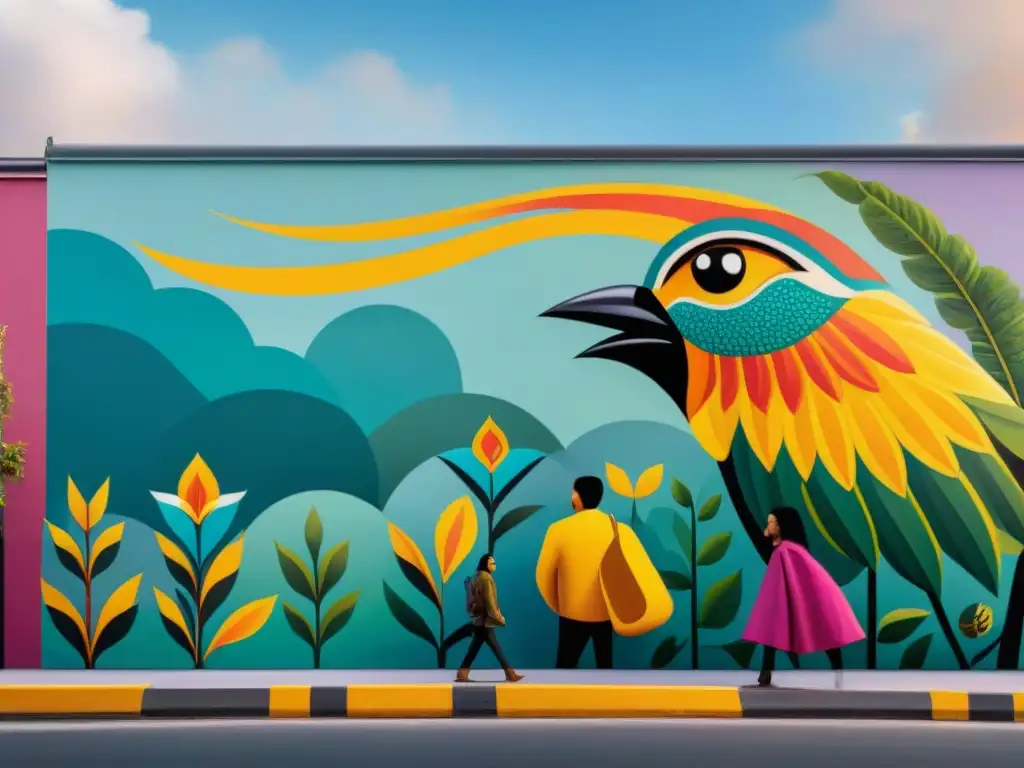 Inspirador mural de arte indígena en redes sociales, creado con pasión en una bulliciosa ciudad