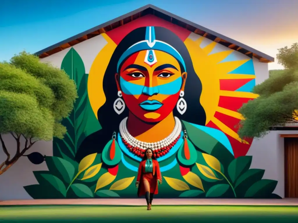 Inspirador mural de líderes indígenas luchando por sus derechos, fusionando arte tradicional y contemporáneo en un escenario natural