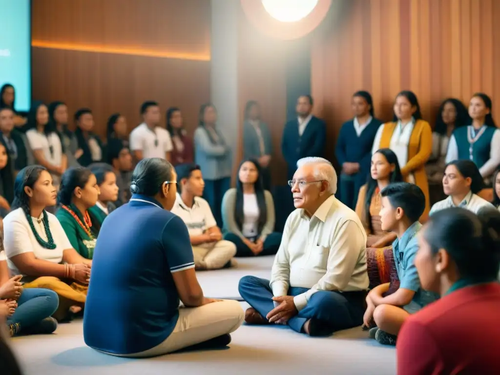 Inspiradora escena de intercambio de conocimientos entre generaciones sobre Historia indígena Américas en aula vibrante