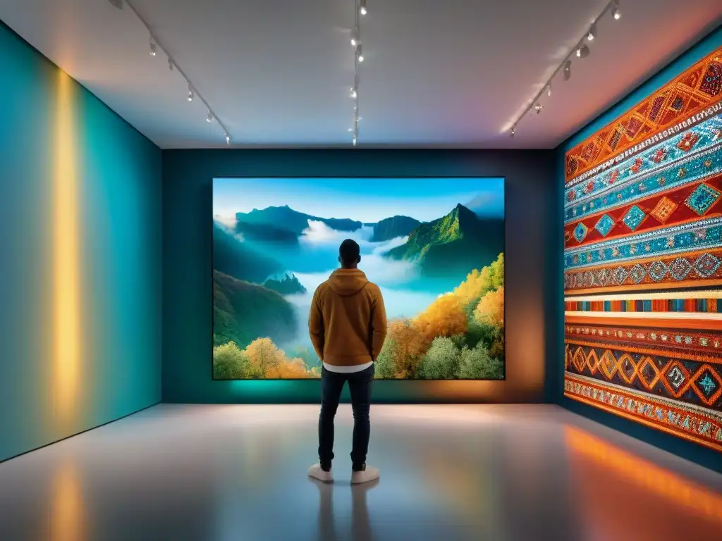 Una instalación de arte digital indígena contemporáneo en galería moderna, fusionando tradición con innovación