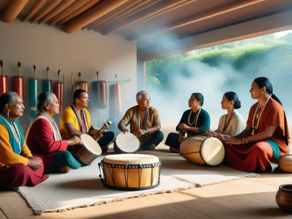 Un instructor enseña a tocar instrumentos musicales indígenas en un colorido taller con participantes diversos