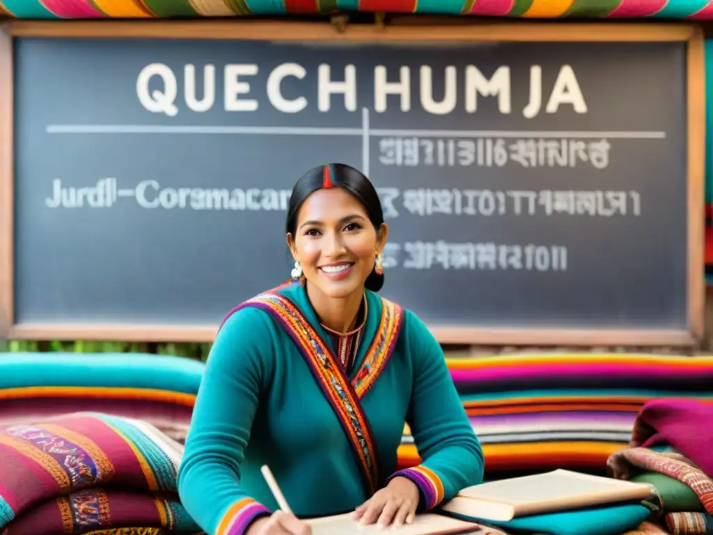 Un instructor de Quechua enseña en un entorno tradicional peruano, rodeado de textiles coloridos y una pizarra con reglas de gramática quechua