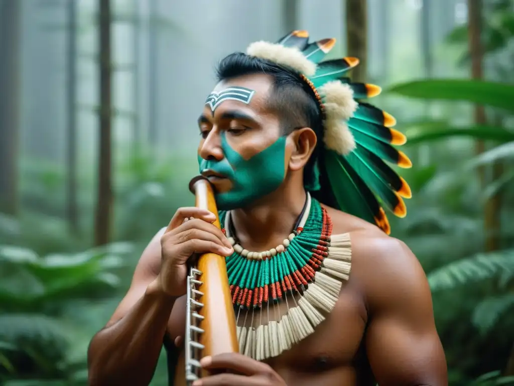 Un instrumento de viento indígena es tocado expertamente en un entorno natural exuberante