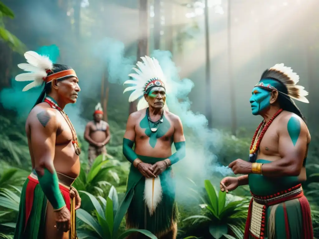 Integración de rituales festividades indígenas: ancianos en ceremonia tradicional en el bosque