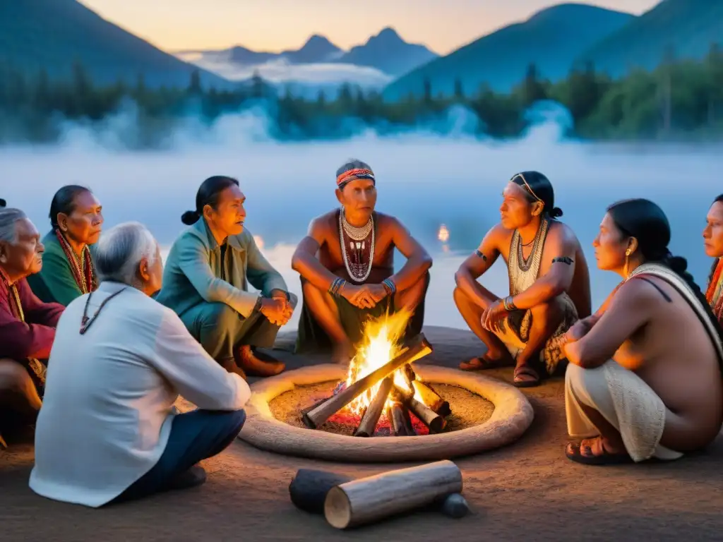 Intensa transmisión cultural de sabiduría entre ancianos y jóvenes indígenas alrededor de una fogata bajo el cielo estrellado