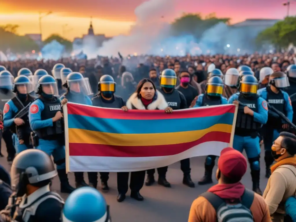 Una intensa protesta indígena en América con manifestantes y policías en un tenso enfrentamiento al atardecer