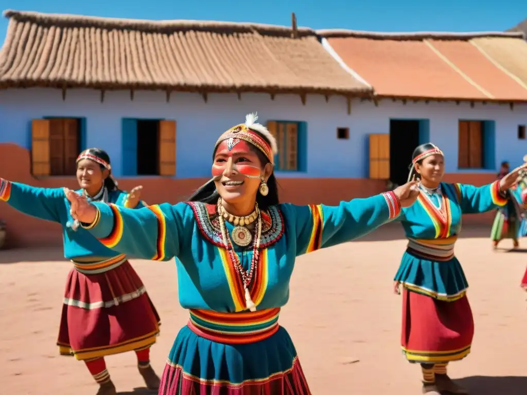 Intenso baile Tinku en plaza andina, hombres y mujeres vestidos con coloridos atuendos indígenas