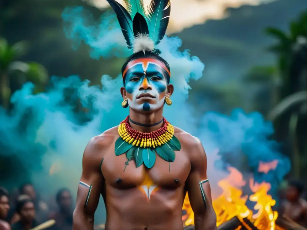 Intenso ciclo ceremonial de comunidades amazónicas danzando alrededor de una fogata en la selva al atardecer