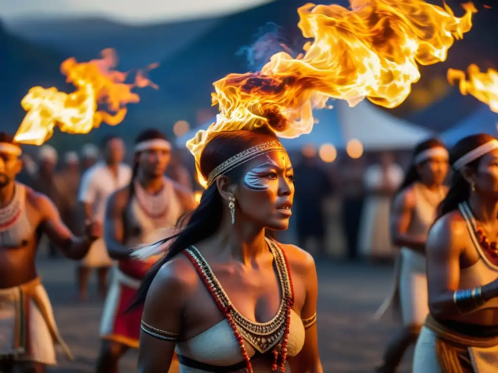 Intenso ritual indígena con fuego, iluminando participantes y simbolizando conexión espiritual