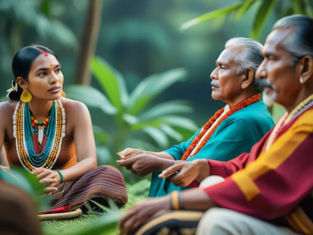 Intercambio cultural entre comunidades indígenas: ancianos en ceremonia tradicional y jóvenes en taller de prácticas sostenibles