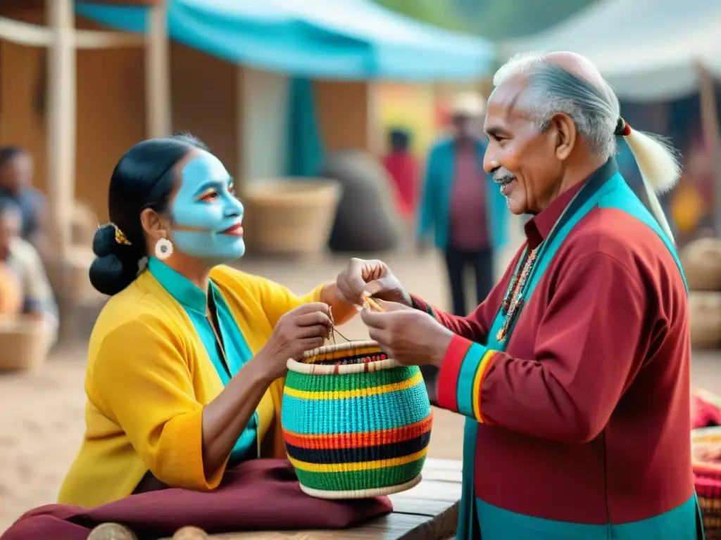 Intercambio cultural lenguas indígenas: Grupo diverso comparte en mercado lleno de colores y artesanías, reflejando respeto y alegría