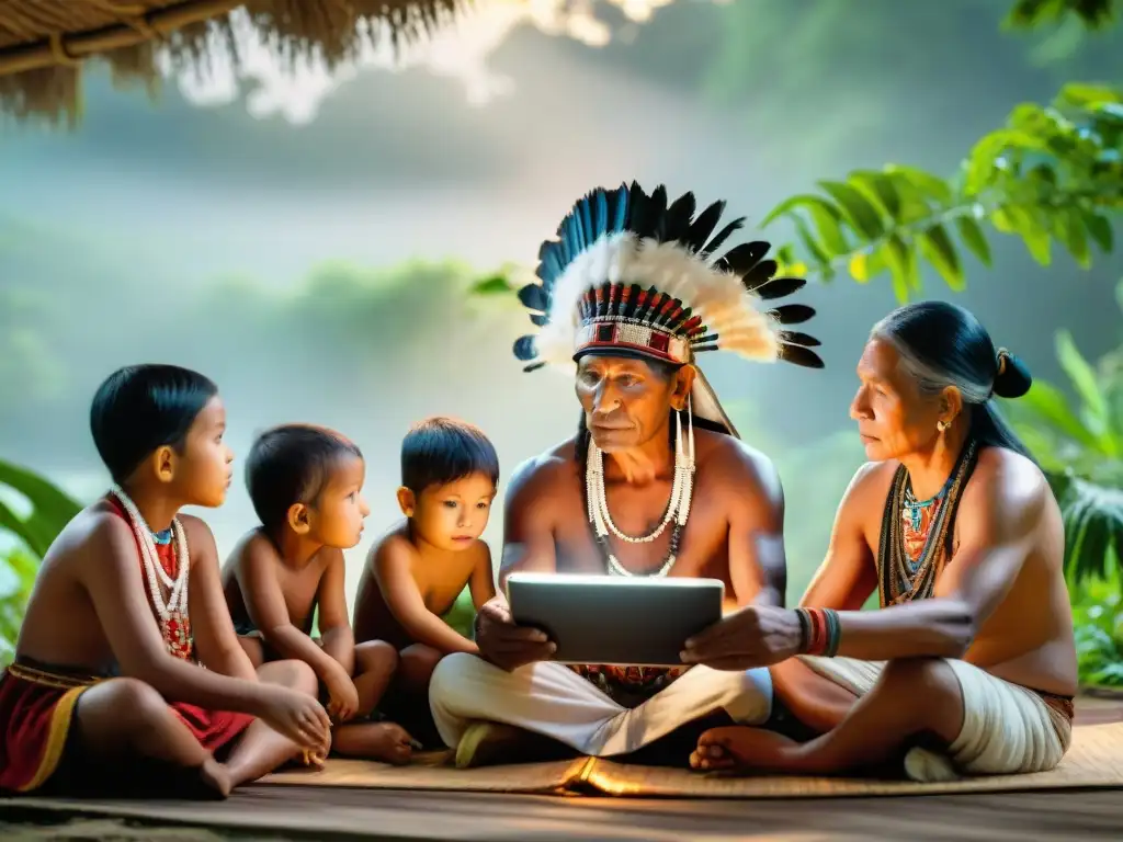 Intercambio cultural entre pueblos indígenas: ancianos y niños compartiendo sabiduría alrededor de una tableta digital brillante en la selva