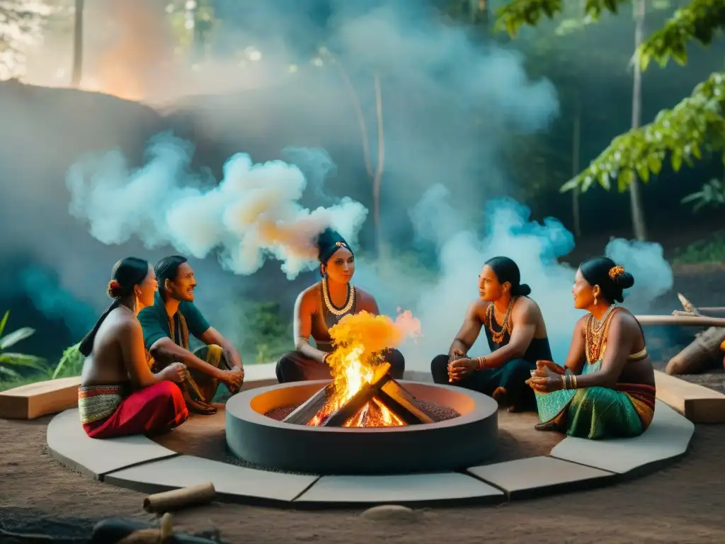 Intercambios culturales con comunidades indígenas: Grupo étnico reunido alrededor de fogata en la selva