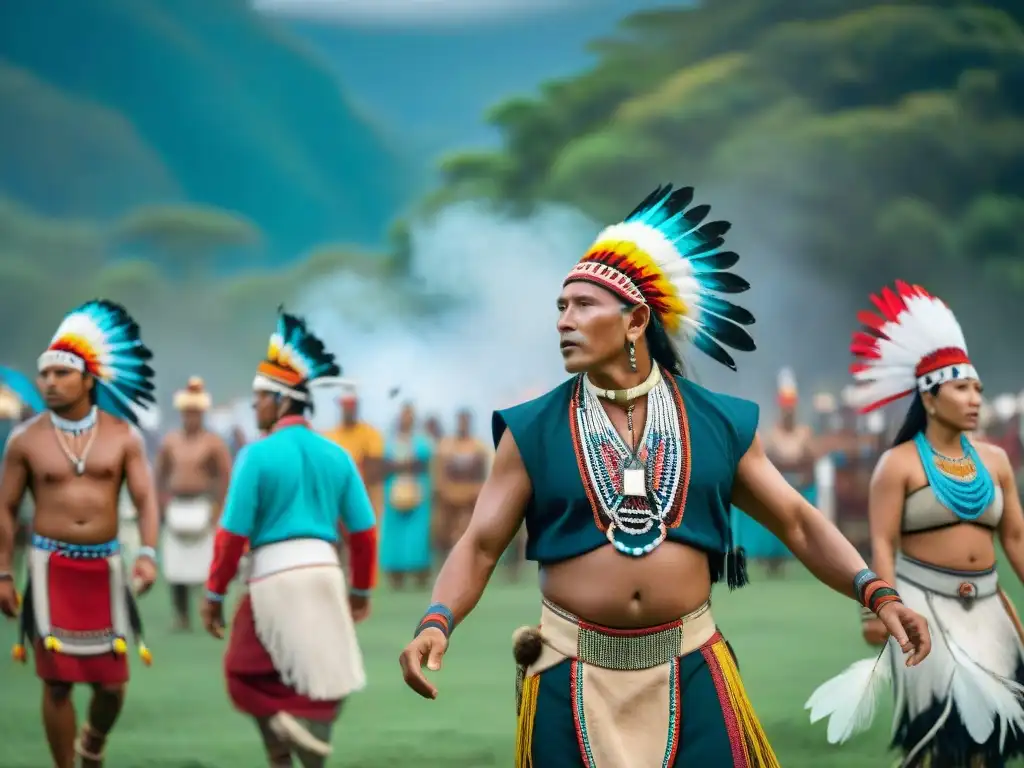 Intercambios culturales fortalecen lucha indígena: colorida danza ceremonial entre diversas tribus en medio de la naturaleza exuberante