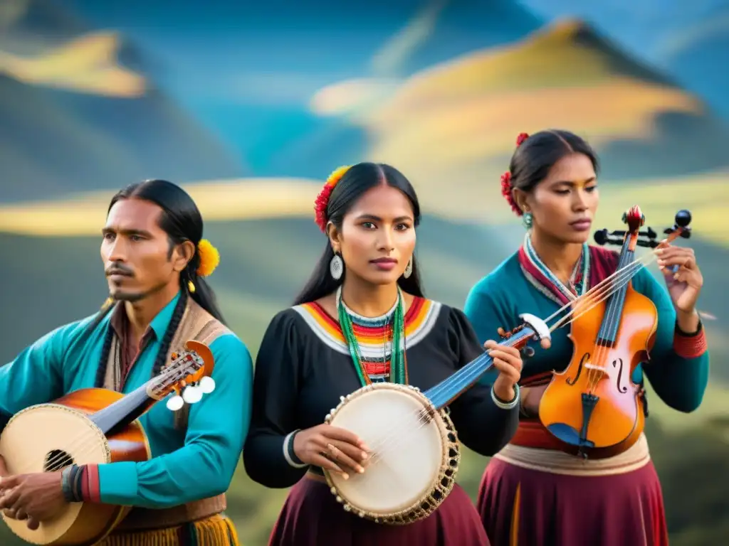 Intérpretes indígenas tocando instrumentos de cuerda tradicionales en paisaje andino vibrante