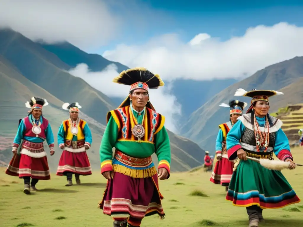 Celebración del Inti Raymi: Quechua en trajes tradicionales danzan bajo el sol, expresando reverencia en ritual ancestral