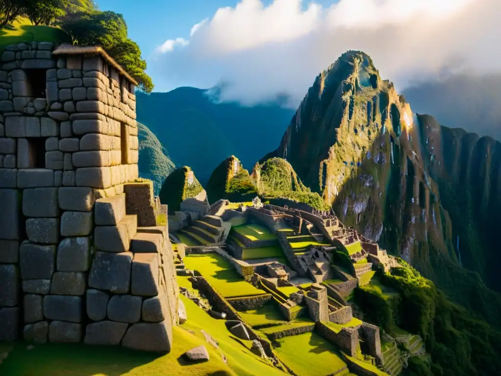 Intrincadas técnicas constructivas andinas en Machu Picchu, resaltadas por las sombras del sol en las antiguas paredes de piedra