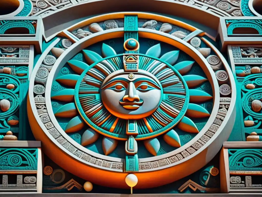 Mural celestial maya: detalle y colorido en piedra Intrincado mural de piedra precolombino muestra la influencia astronomía arte precolombino con colores y símbolos celestiales