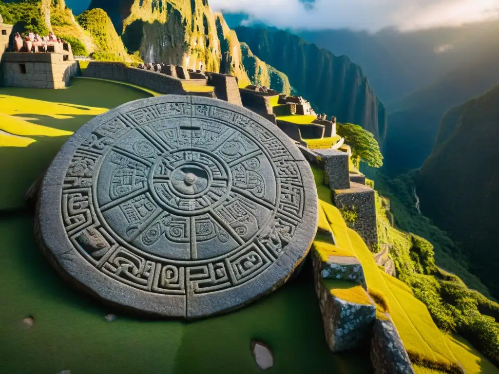 Escultura celestial: misterios incas en Machu Picchu Intrincado tallado de piedra en Machu Picchu con mapa celestial y símbolos astronómicos